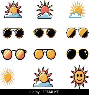 Summer sun and sunglasses icon set in colorful flat-style illustrations Stock Vector
