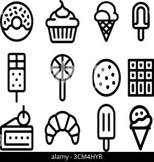 Minimalist sweet treats icon set in hand-drawn illustrations with donut, cupcake, ice cream, and dessert Stock Vector