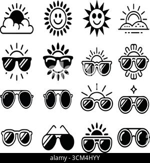 Black and white sun and sunglasses icon set in hand-drawn illustrations Stock Vector