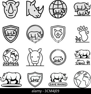 Rhino conservation icons set in hand-drawn illustrations with endangered wildlife protection and save-rhino symbols Stock Vector