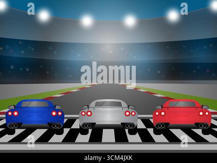 Racing Car at Start Point on Racing Track in Arena at Night. Racing track with Racing Car.  Race track road. Vector Illustration. Stock Vector