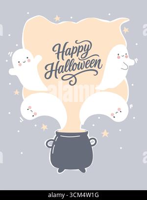 Poster, flyer, card with cute little ghosts and lettering Happy Halloween for autumn party. Vector illustration with funny ghosts and cauldron in pastel colors. Design for kids. Frame with gray background. Postcard template Stock Vector