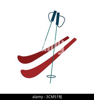 Pair of skis with sticks or poles isolated on white background. Winter sport equipment. Simple colored flat vector illustration. Stock Vector