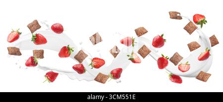 Splashing milk with sweet corn pads and fresh strawberries in air against white background. Healthy breakfast Stock Photo