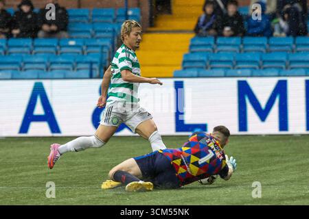 Kilmarnock, UK. 14 September 2025. Kilmarnock, UK. Kilmarnock FC played Celtic FC at Rugby Park, Kilmarnock, Ayrshire,  Scotland in a William Hill Premiership game. The final score was Kilmarnock 1 -2 Celtic. Daizen Maeda (C38) attempts to score and it is saved by Max Stryjek, Kilmarnock goalkeeper Credit: Findlay/ Alamy Live News Stock Photo