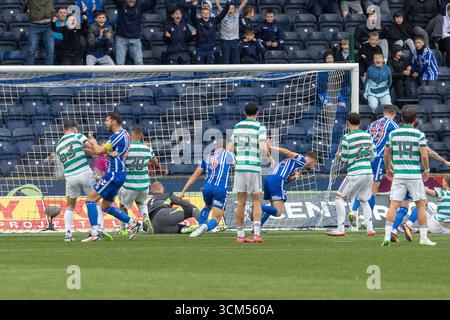 Kilmarnock, UK. 14 September 2025. Kilmarnock, UK. Kilmarnock FC played Celtic FC at Rugby Park, Kilmarnock, Ayrshire,  Scotland in a William Hill Premiership game. The final score was Kilmarnock 1 -2 Celtic. David Watson (K12) runs off right , chased by Lewis Mayo (K5) after scoring Kilmarnock's goal in 83 minutes. Credit: Findlay/ Alamy Live News Stock Photo