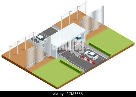 Isometric border checkpoint with cars, barriers, and inspection booths. Concept of migration, travel control, and border security Stock Vector