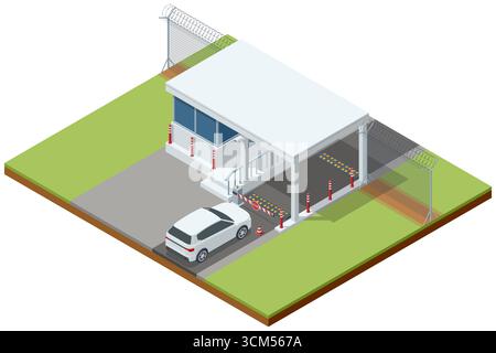 Isometric X-ray car scanner. Mobile x-ray scanning system is used against smuggling. Customs control on border checkpoint. Stock Vector