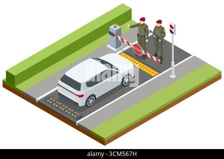 Isometric checkpoint with soldiers, armed guards, barriers, and stop signs. Concept of border patrol, migration control, and security check Stock Vector
