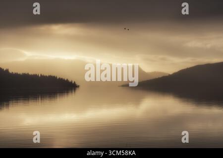 A golden morning with a break in the clouds on the shore of Loch Katrine. The clouds and mountains are reflected in the water. Geese fly over the loch Stock Photo