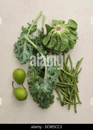 Green fruit and vegetables - pears, kale, lettuce, beans Stock Photo