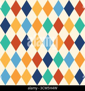 Circus harlequin patterns, rhombus lozenge pattern with diamond-shaped motifs in contrasting colors. Vector visually striking and repetitive tile desi Stock Vector