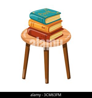 Small wooden round table with three colorful books stacked on top. Cartoon Vector isolated illustration on white background. Stock Vector