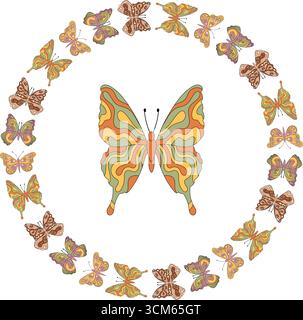 Groovy Retro Butterfly Circle Frame Pattern Stock Vector