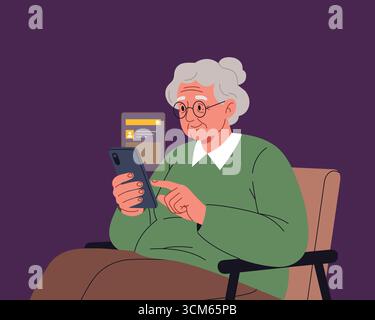 Elderly woman engaged with technology browsing internet on a modern smartphone device vector Stock Vector
