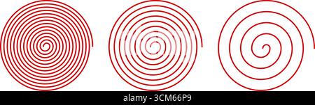 Set of red spiral icons. Optical illusion effects. Hypnotic psychedelic design. Whirlpool, vertigo, tornado or dizzy symbols. Archimedean spiral signs. Vector graphic illustration. Stock Vector