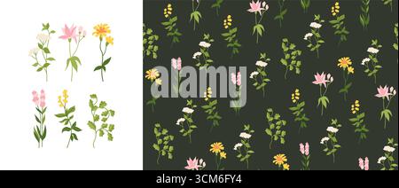 Medicinal herbs seamless pattern. Herbal trendy boundless ayurveda background. Herbs and flowers endless design for paper print, fabric textile, wrapper backdrop template vector illustration Stock Vector