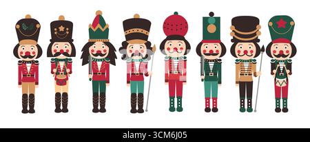 Christmas Nutcracker soldier clipart set. Christmas Nutcrackers toy soldier clip art drawing decoration elements collection wearing colorful hat Stock Vector