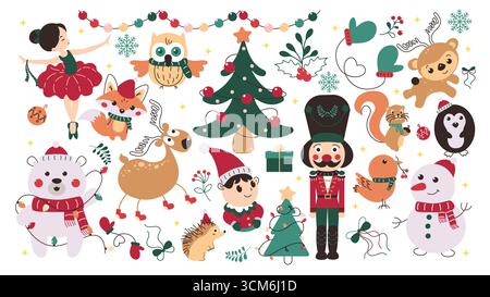 Christmas cute elements and characters clip art set. Christmas and new year decoration element and ornaments clip art drawing like nutcracker Stock Vector