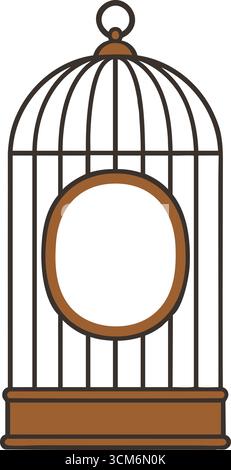 An ornate wire birdcage on a base featuring a suspended oval medallion for decorative labeling Stock Vector