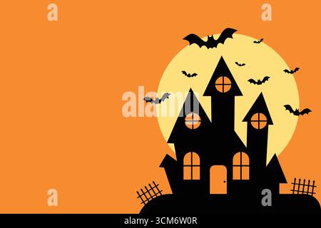 Illustration of spooky Halloween vibe with this haunted house silhouette against a bright moon, ideal for cards, invitations, and seasonal designs. Stock Vector