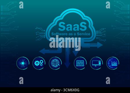 Abstract illustration of SaaS cloud computing with technology icons and digital network background. Concept of software as a service, online platform, Stock Photo