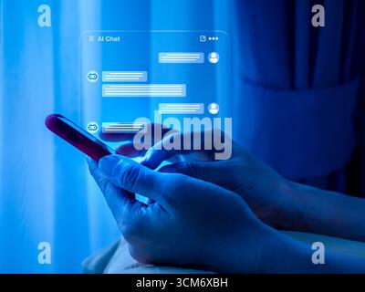 AI assistant and chatbot technology concept with person using smartphone and digital chat interface, symbolizing smart communication lifestyle, custom Stock Photo