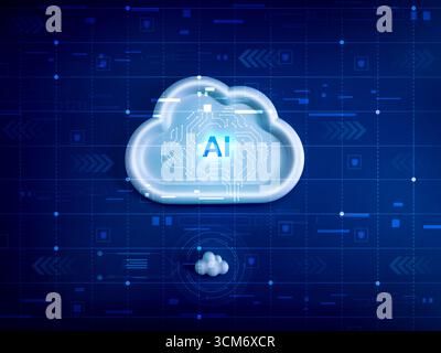 AI cloud computing concept with digital brain circuit inside cloud icon on futuristic background, symbolizing artificial intelligence, data processing Stock Photo
