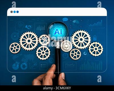 AI technology workflow management concept with magnifying glass highlighting AI text among wooden gears on data analysis dashboard background, symboli Stock Photo