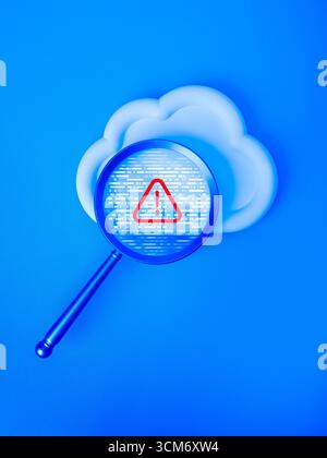 Cybersecurity concept with magnifying glass scanning cloud storage showing red warning alert icon, symbolizing data protection, threat detection, onli Stock Photo