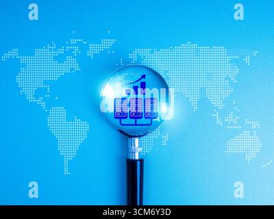 Data center growth concept with magnifying glass focusing on server icons and rising chart over digital world map on blue background, symbolizing clou Stock Photo