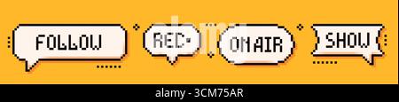Y2K pixel speech bubbles. Buttons with follow, rec, on air and show text on yellow background. Stock Vector