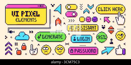 Pixelated Y2K user interface elements. The aesthetics of the 90s. 8-bit vector illustration. Speech bubbles, emojis, gestures, speech bubbles, and arrow. Stock Vector