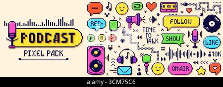 Pack with 8 bit Y2K pixel color podcast elements. Snake, record, stereo, audio, microphone, emoji. Stock Vector