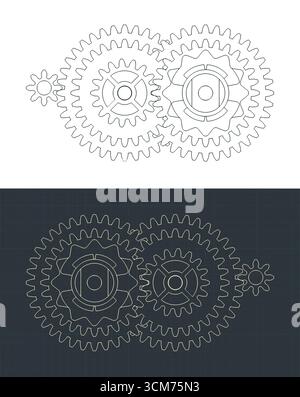 DC electric motor gear reduction blueprints stylized vector illustrations Stock Vector