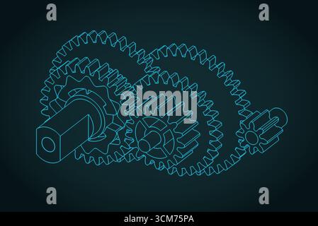 DC electric motor gear reduction isometric  blueprint stylized vector illustration Stock Vector
