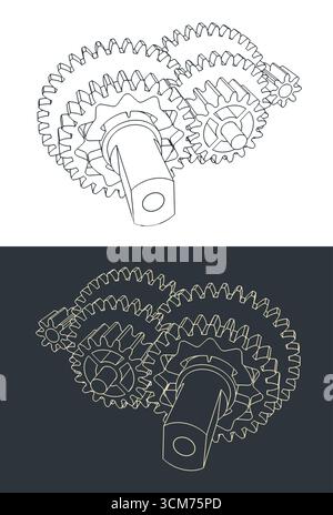 DC electric motor gear reduction stylized vector illustrations Stock Vector