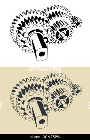 DC electric motor gear reduction stylized vector illustrations Stock Vector