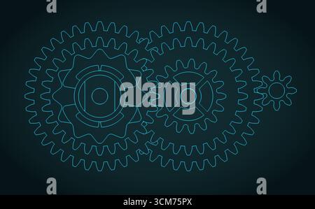 DC electric motor gear reduction blueprint stylized vector illustration Stock Vector
