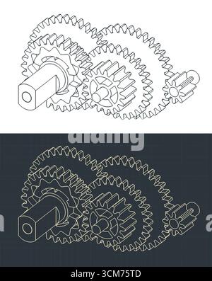 DC electric motor gear reduction isometric drawings stylized vector illustrations Stock Vector