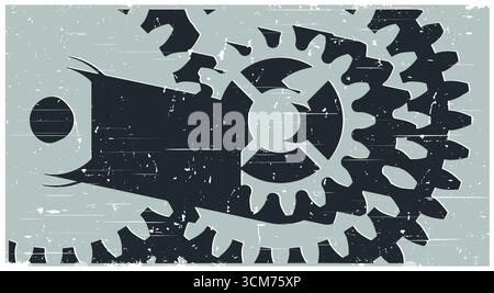 Electric motor gear reduction close-up stylized as retro poster, vector illustration Stock Vector