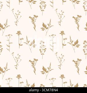 Meadow flowers and herbs pattern, golden botanical silhouette of plants, wild herbs on beige cream background. Vector illustration Stock Vector