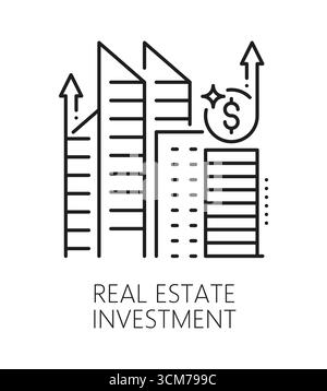 Investment real estate, business line icon or emblem. Finance investor linear vector pictogram, real estate investment startup sign. Capital management company symbol or icon with skyscraper buildings Stock Vector