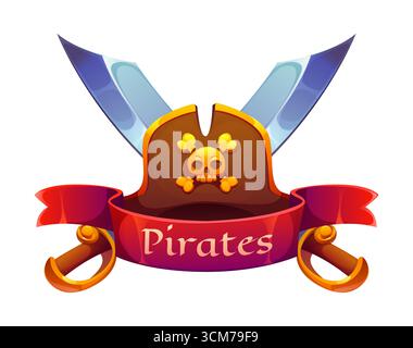 Cartoon Caribbean pirate and corsair game icon and heraldry emblem featuring crossed cutlasses, a classic tricorn hat with a skull symbol, and a flowing red ribbon. Vector adventurous nautical banner Stock Vector