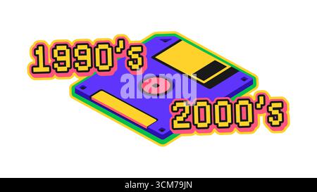 Personal computer floppy disk Y2K groovy sticker or hippie label. Vintage computer technology funky vector label, 1990s gadget tag. Digital device patch with diskette storage and pixelated typography Stock Vector