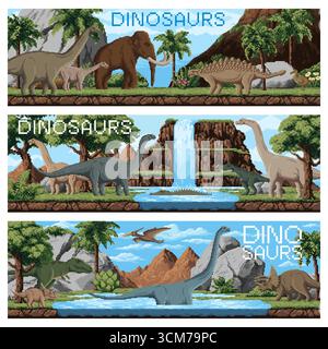 8 bit pixel art banner with prehistoric dinosaurs. Retro arcade pixel game vector background or banner with prehistoric dinosaurs, ice age extinct animals, jungle trees, mountain, river waterfalls Stock Vector