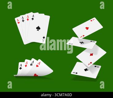 Realistic poker game play cards on casino gambling green table vector background. Quad of aces poker game hands set of realistic playing cards with red black hearts, diamonds, clubs and spades suits Stock Vector