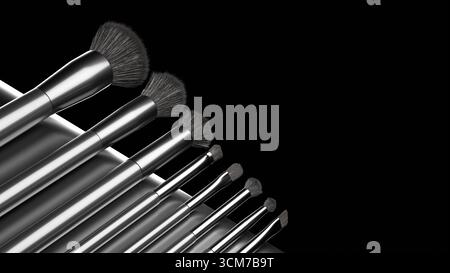 Professional makeup brushes are aligned in a row, displaying different sizes and shapes for diverse makeup applications. sleek metallic handles contra Stock Photo