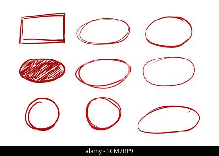 Red arrow mark hand drawn sketchy paintbrush, swirl arrows set, doodle highlight mark or check. Grunge stroke. Important sign. . Vector illustration Stock Vector