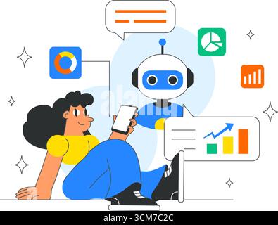 AI Powered Tools Illustration featuring Ai Powered Data analytics, Automated Information Research, Mobile Intelligent interfaces, and SEO Advertising Stock Vector